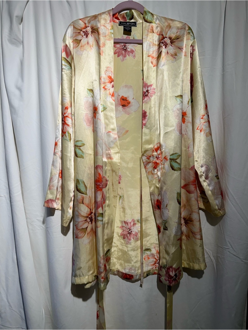 Halston Floral Satin Robe Medium Champagne Pink Belted Kimono Pockets